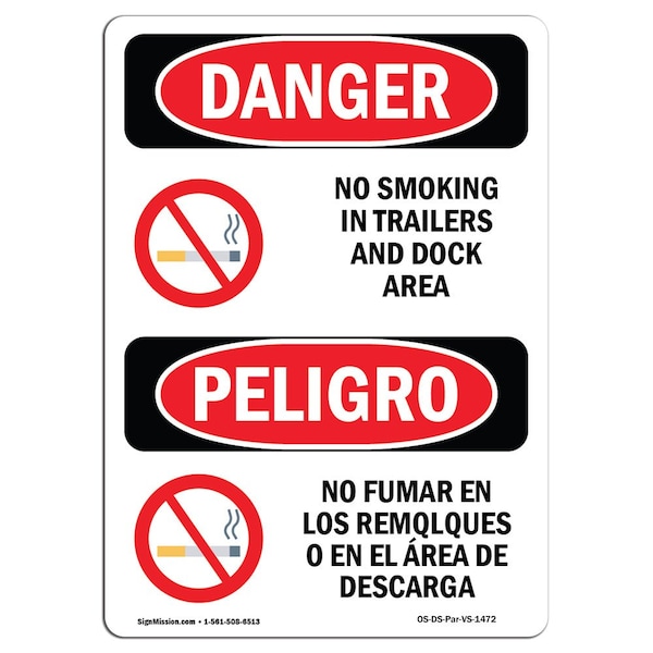 OSHA Sign, No Smoking In Trailers Dock Bilingual, 18in X 12in Alum, 12" W, 18" L, Spanish